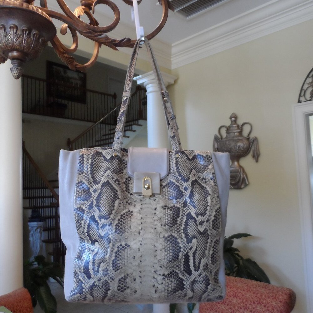 Lanvin Taupe/Beige Python Embosed Lamb Leather To… - image 1